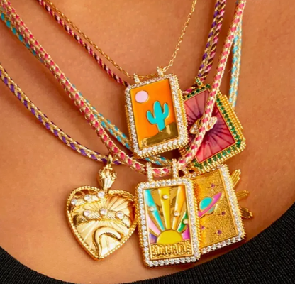 Gold Rectangle Sunburst Heart Zircon Pendant Twisted Cord Necklace - Necklaces - 18k Gold Plated Waterproof Jewellery - Collection 9