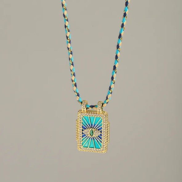 Gold Rectangle Sunburst Heart Zircon Pendant Twisted Cord Necklace - Necklaces - 18k Gold Plated Waterproof Jewellery - Collection 9
