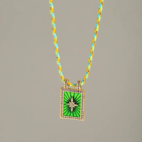 Gold Rectangle Sunburst Heart Zircon Pendant Twisted Cord Necklace - Necklaces - 18k Gold Plated Waterproof Jewellery - Collection 9