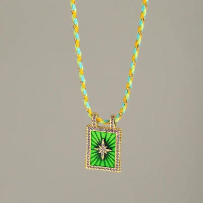 Gold Rectangle Sunburst Heart Zircon Pendant Twisted Cord Necklace - Necklaces - 18k Gold Plated Waterproof Jewellery - Collection 9