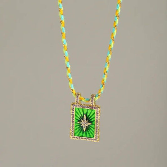 Gold Rectangle Sunburst Heart Zircon Pendant Twisted Cord Necklace - Collection 9 Ltd