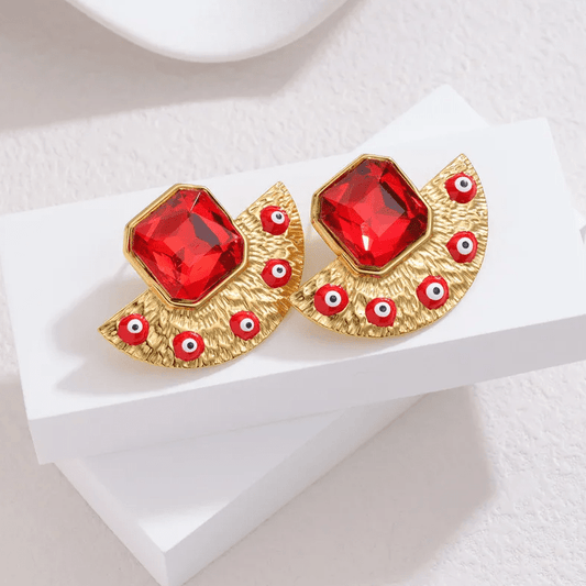 Gold Red Crystal Evil Eye Stud Earrings - Earrings - 18k Gold Plated Waterproof Jewellery - Collection 9