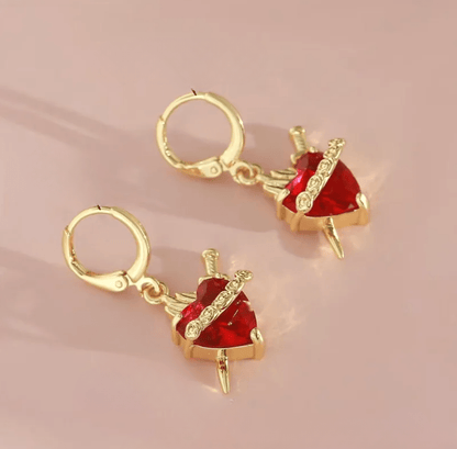 Gold Red Crystal Heart Drop Earrings - Earrings - 18k Gold Plated Waterproof Jewellery - Collection 9