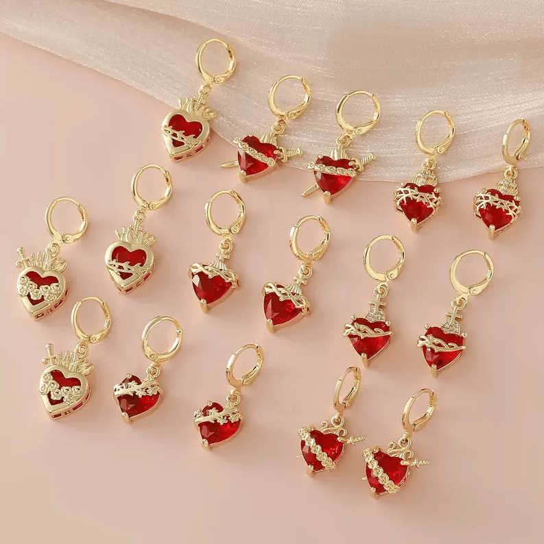 Gold Red Crystal Heart Drop Earrings - Earrings - 18k Gold Plated Waterproof Jewellery - Collection 9