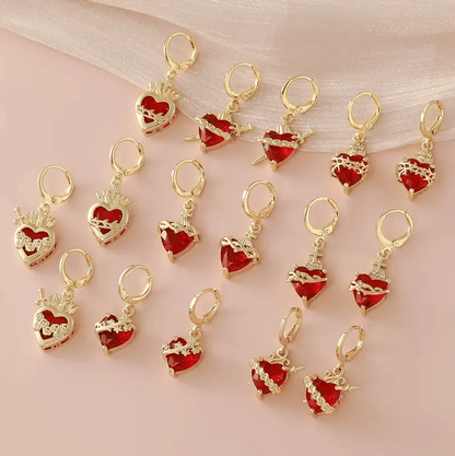 Gold Red Crystal Heart Drop Earrings - Earrings - 18k Gold Plated Waterproof Jewellery - Collection 9