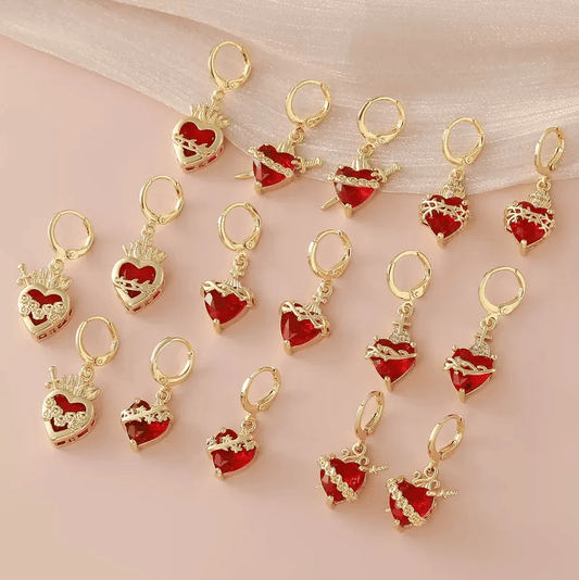 Gold Red Crystal Heart Drop Earrings - Earrings - 18k Gold Plated Waterproof Jewellery - Collection 9