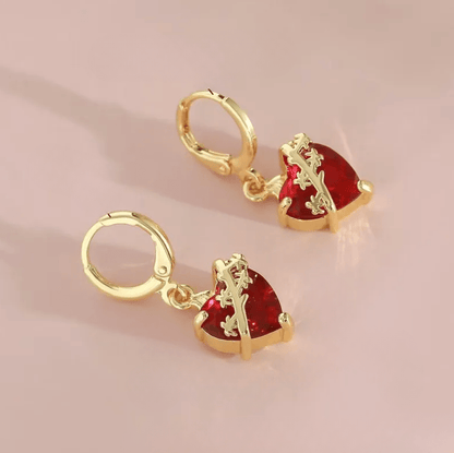 Gold Red Crystal Heart Drop Earrings - Earrings - 18k Gold Plated Waterproof Jewellery - Collection 9