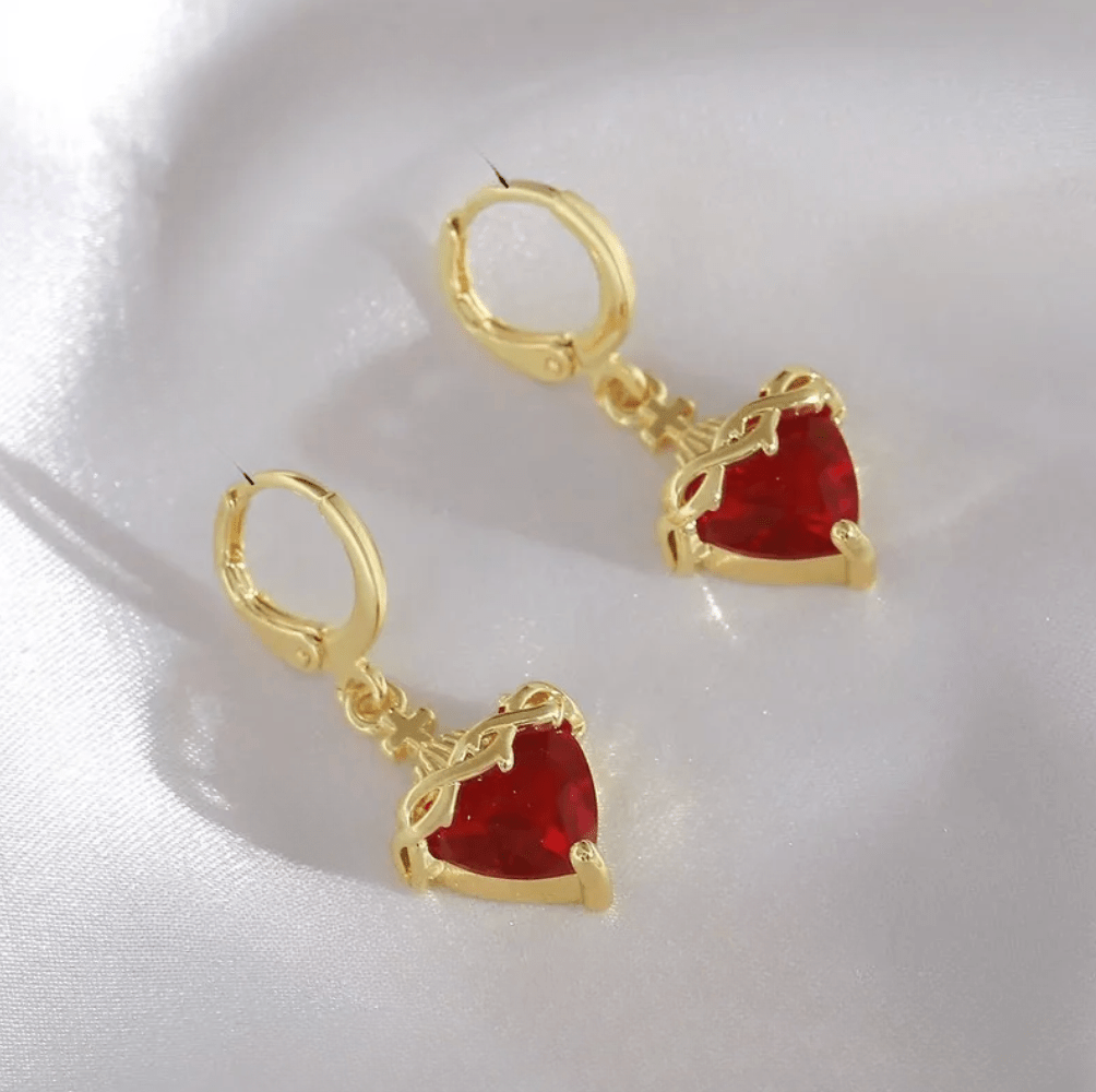 Gold Red Crystal Heart Drop Earrings - Earrings - 18k Gold Plated Waterproof Jewellery - Collection 9