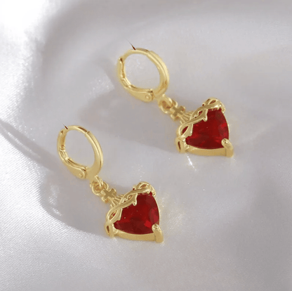 Gold Red Crystal Heart Drop Earrings - Earrings - 18k Gold Plated Waterproof Jewellery - Collection 9
