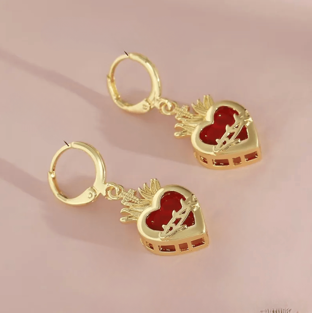 Gold Red Crystal Heart Drop Earrings - Earrings - 18k Gold Plated Waterproof Jewellery - Collection 9