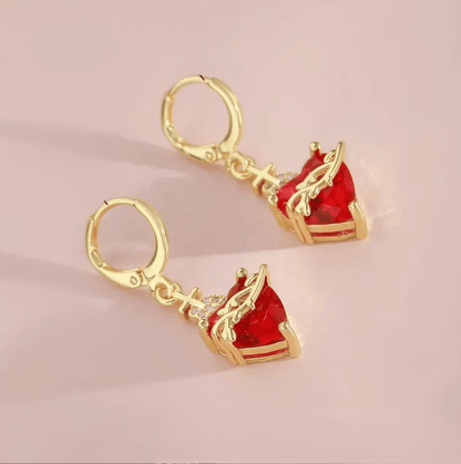 Gold Red Crystal Heart Drop Earrings - Earrings - 18k Gold Plated Waterproof Jewellery - Collection 9