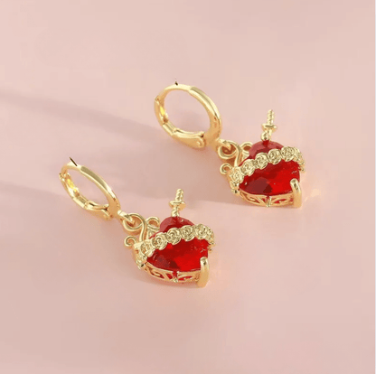 Gold Red Crystal Heart Drop Earrings - Earrings - 18k Gold Plated Waterproof Jewellery - Collection 9