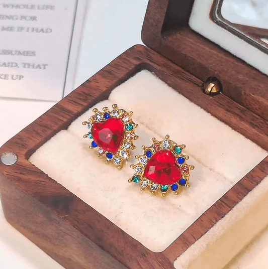 Gold Red Crystal Heart Stud Earrings - Earrings - 18k Gold Plated Waterproof Jewellery - Collection 9