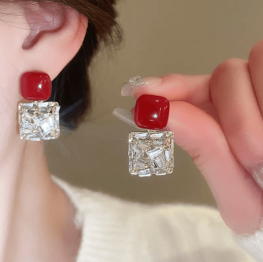 Gold Red Crystal Square Drop Earrings - Earrings - 18k Gold Plated Waterproof Jewellery - Collection 9