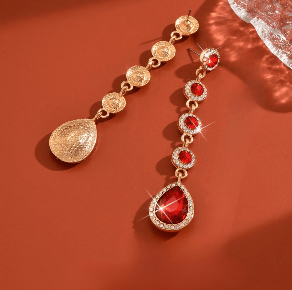 Gold Red Crystal Teardrop Chain Earrings - Earrings - 18k Gold Plated Waterproof Jewellery - Collection 9