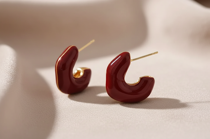 Gold Red Enamel C-Hoop Earrings - Earrings - 18k Gold Plated Waterproof Jewellery - Collection 9