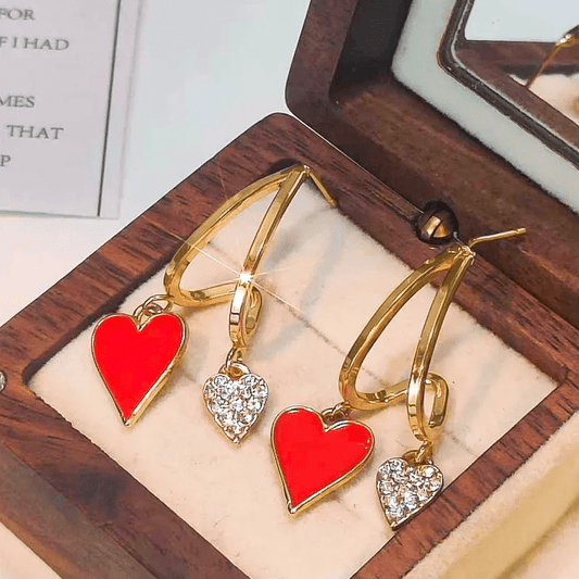 Gold Red Enamel Double Heart Drop Earrings - Earrings - 18k Gold Plated Waterproof Jewellery - Collection 9
