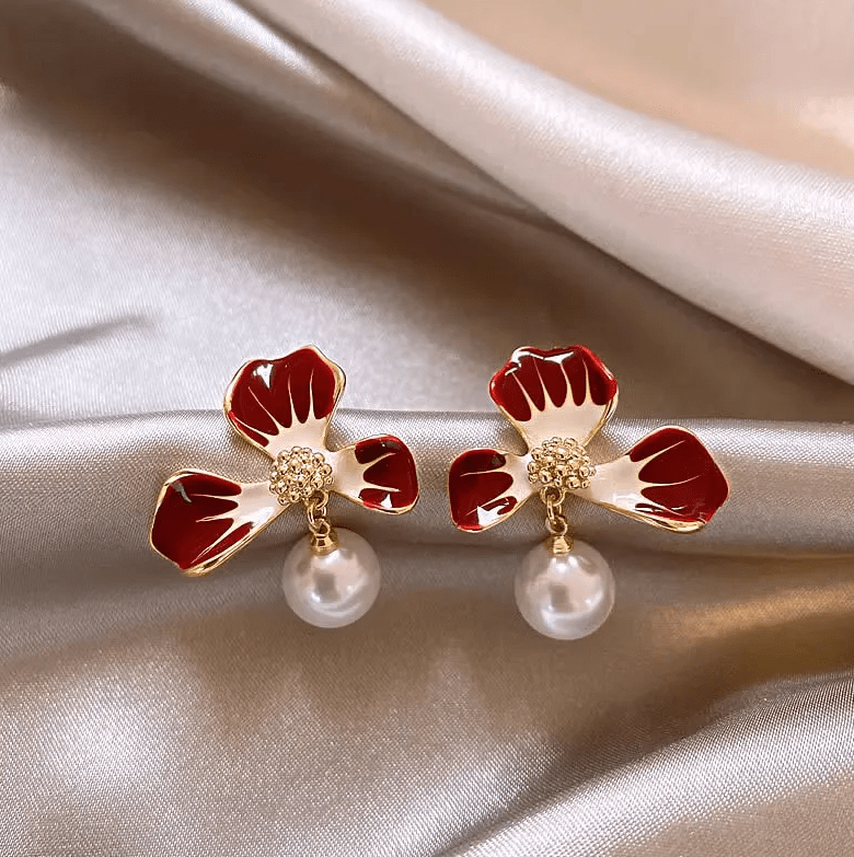 Gold Red Enamel Flower Pearl Drop Earrings - Earrings - 18k Gold Plated Waterproof Jewellery - Collection 9