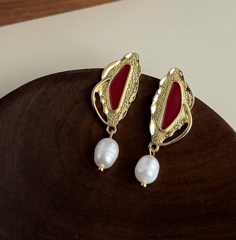 Gold Red Enamel Freshwater Pearl Drop Earrings - - 18k Gold Plated Waterproof Jewellery - Collection 9