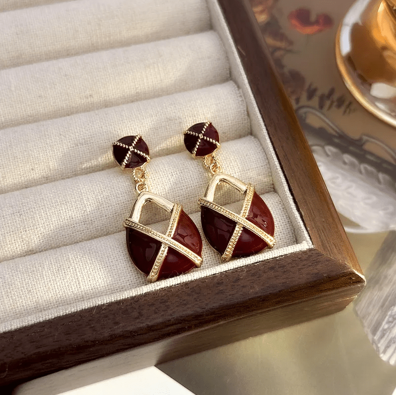 Gold Red Enamel Geometric Drop Earrings - Earrings - 18k Gold Plated Waterproof Jewellery - Collection 9
