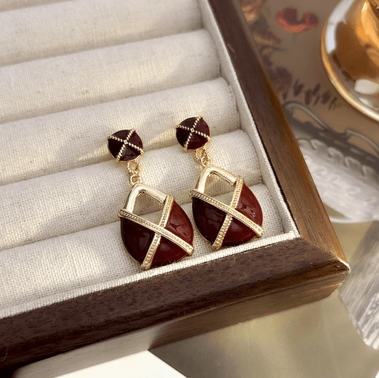 Gold Red Enamel Geometric Drop Earrings - Earrings - 18k Gold Plated Waterproof Jewellery - Collection 9