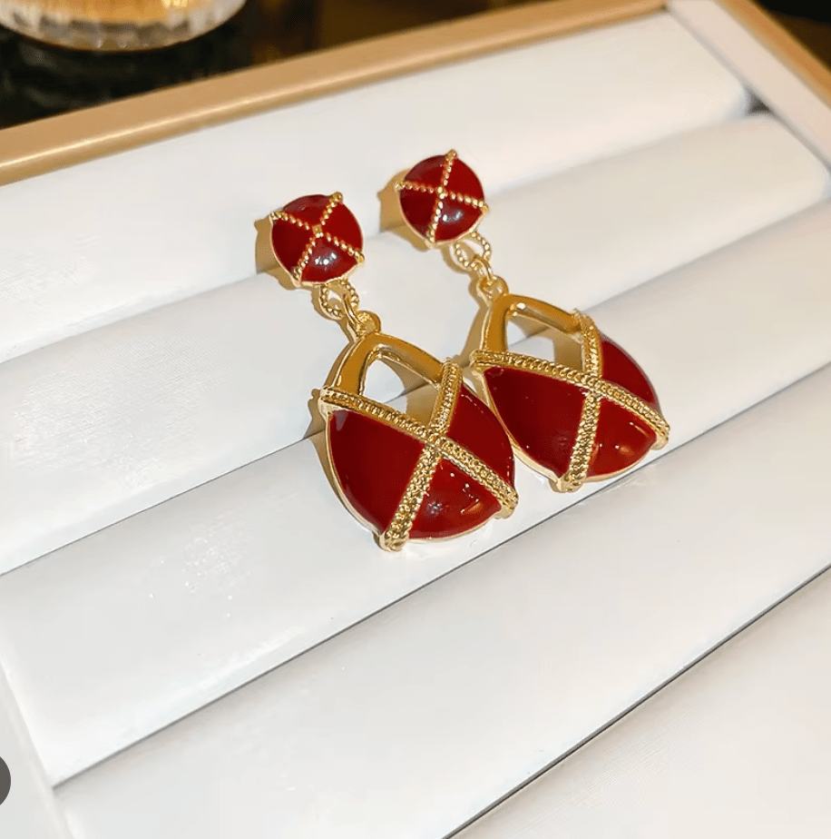 Gold Red Enamel Geometric Drop Earrings - Earrings - 18k Gold Plated Waterproof Jewellery - Collection 9