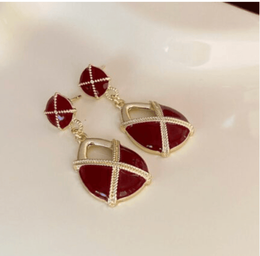 Gold Red Enamel Geometric Drop Earrings - Earrings - 18k Gold Plated Waterproof Jewellery - Collection 9