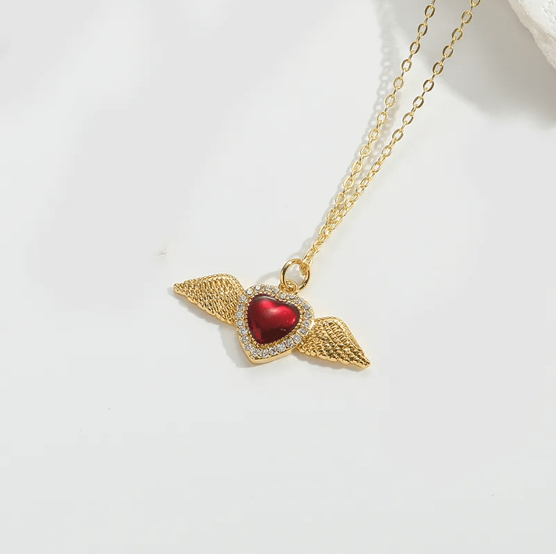Gold Red Enamel Heart Angel Wings Necklace - Necklace - 18k Gold Plated Waterproof Jewellery - Collection 9