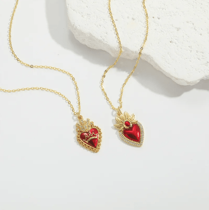 Gold Red Enamel Heart Crown Necklace - Necklace - 18k Gold Plated Waterproof Jewellery - Collection 9