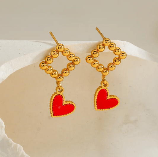Gold Red Enamel Heart Drop Earrings - Earrings - 18k Gold Plated Waterproof Jewellery - Collection 9