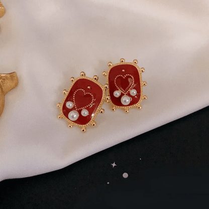 Gold Red Enamel Heart Pearl Stud Earrings - Earrings - 18k Gold Plated Waterproof Jewellery - Collection 9
