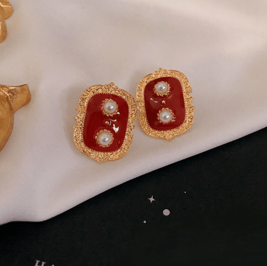 Gold Red Enamel Heart Pearl Stud Earrings - Earrings - 18k Gold Plated Waterproof Jewellery - Collection 9