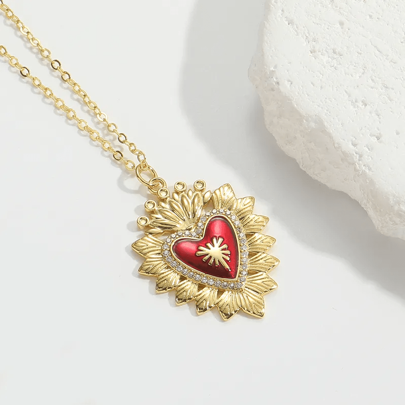 Gold Red Enamel Heart Sunburst Necklace - Necklace - 18k Gold Plated Waterproof Jewellery - Collection 9