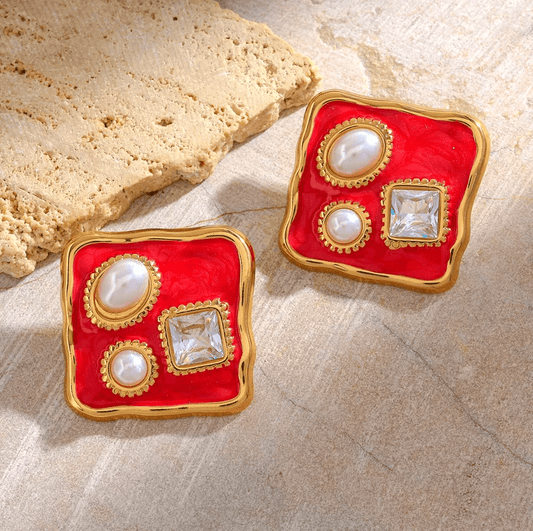 Gold Red Enamel Pearl Stud Earrings - Earrings - 18k Gold Plated Waterproof Jewellery - Collection 9