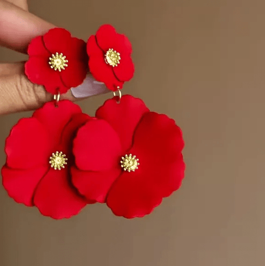 Gold Red Flower Drop Earrings - Earrings - 18k Gold Plated Waterproof Jewellery - Collection 9