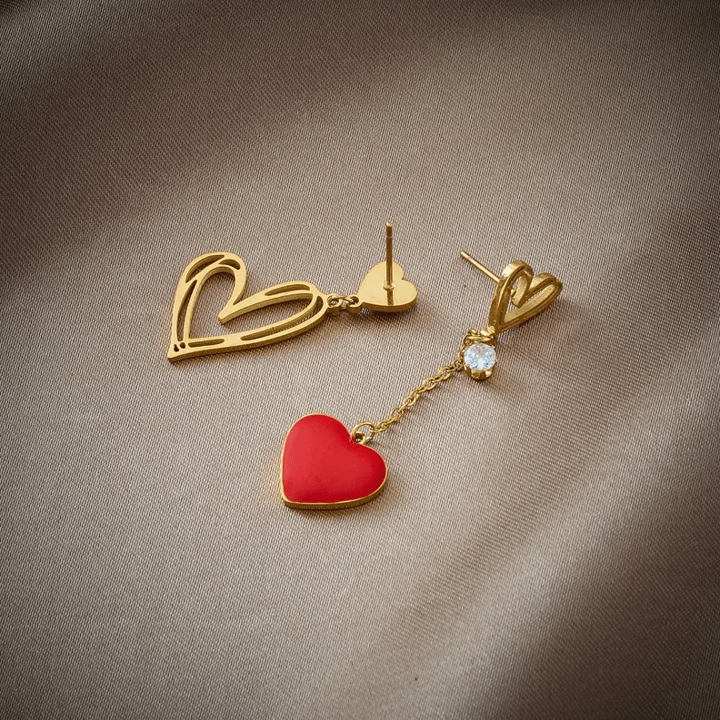 Gold Red Heart Asymmetric Drop Earrings - Earrings - 18k Gold Plated Waterproof Jewellery - Collection 9