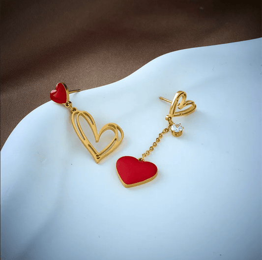 Gold Red Heart Asymmetric Drop Earrings - Earrings - 18k Gold Plated Waterproof Jewellery - Collection 9