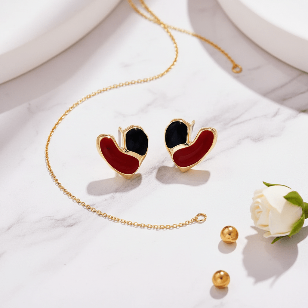 Gold Red Heart Bow Stud Earrings - Earrings - 18k Gold Plated Waterproof Jewellery - Collection 9