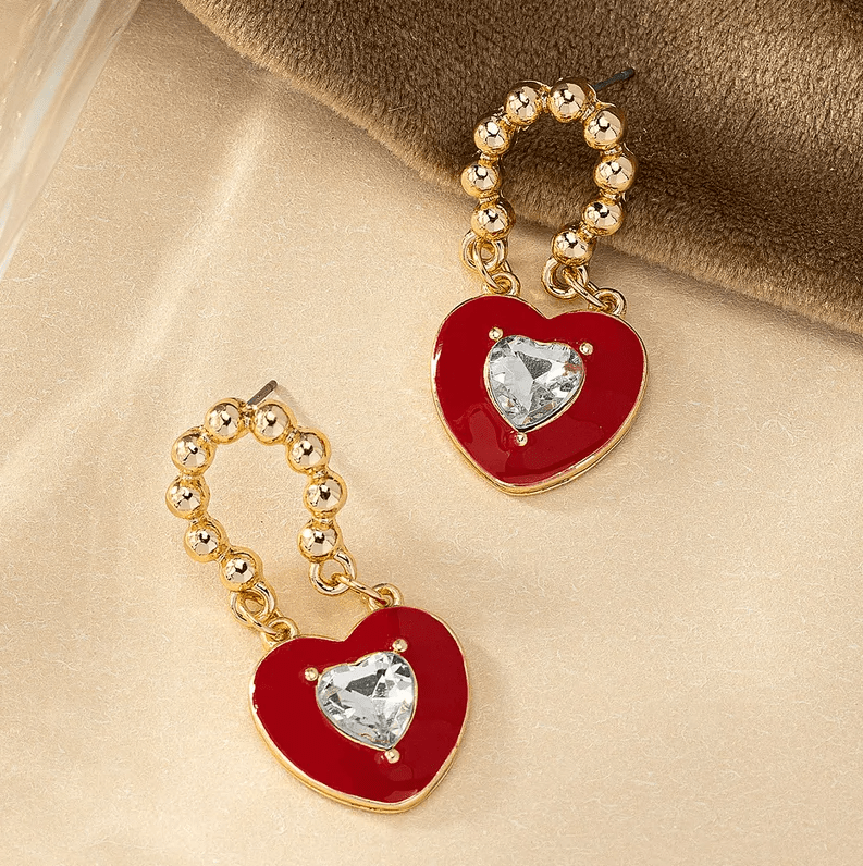 Gold Red Heart Crystal Earrings - Earrings - 18k Gold Plated Waterproof Jewellery - Collection 9