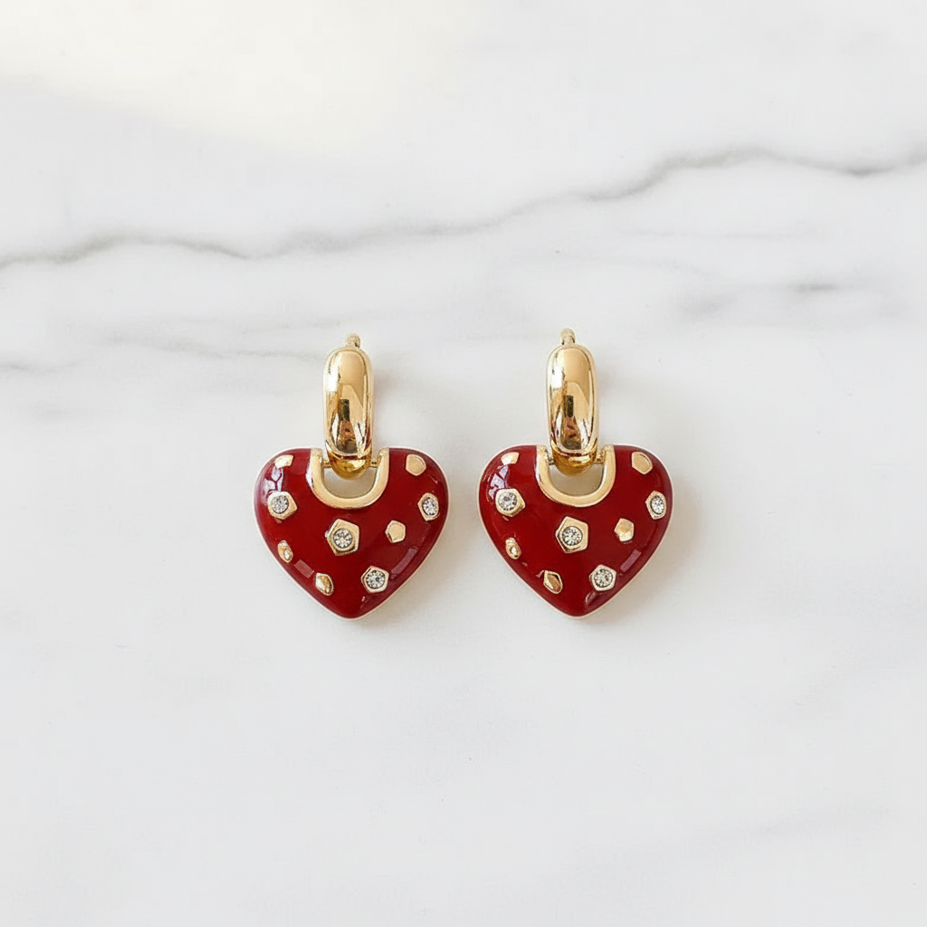 Gold Red Heart Drop Hoop Earrings - Earrings - 18k Gold Plated Waterproof Jewellery - Collection 9