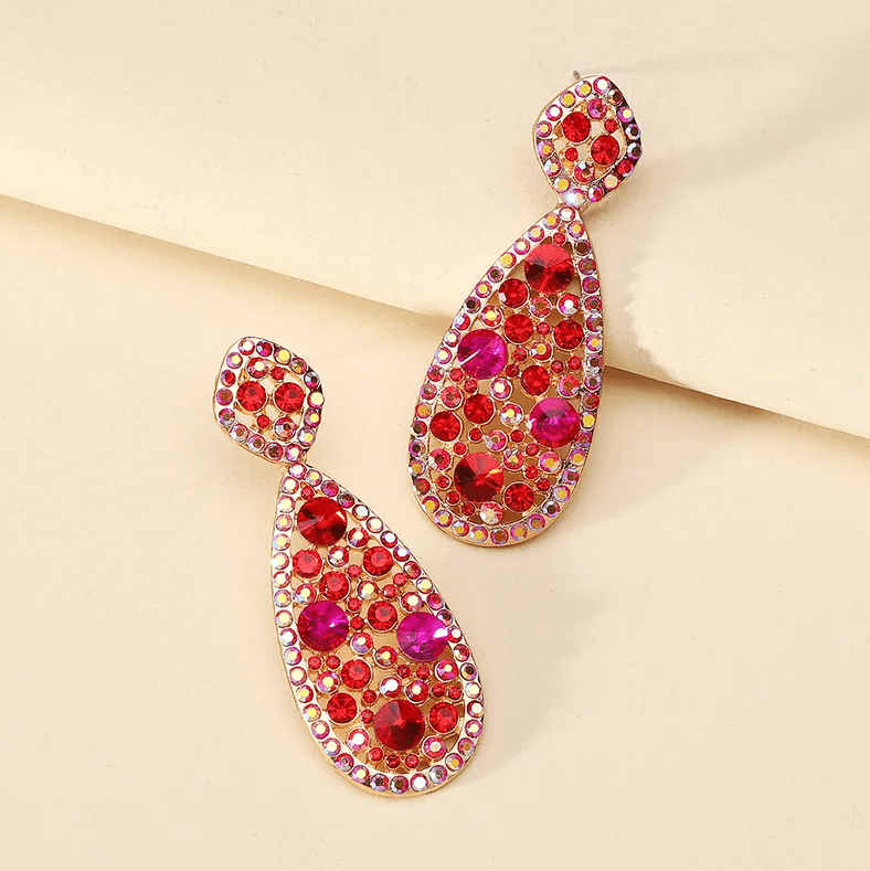 Gold Red Pink Crystal Teardrop Earrings - Earrings - 18k Gold Plated Waterproof Jewellery - Collection 9