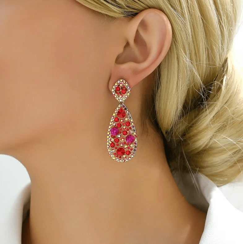 Gold Red Pink Crystal Teardrop Earrings - Earrings - 18k Gold Plated Waterproof Jewellery - Collection 9
