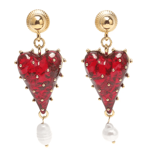 Gold Red Resin Heart Pearl Drop Earrings - Earrings - 18k Gold Plated Waterproof Jewellery - Collection 9