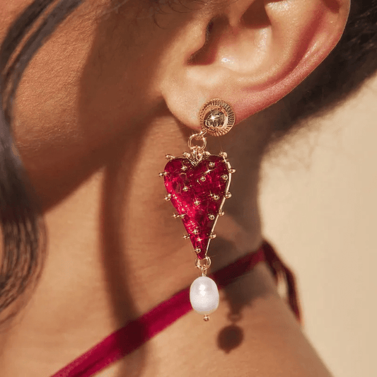 Gold Red Resin Heart Pearl Drop Earrings - Earrings - 18k Gold Plated Waterproof Jewellery - Collection 9