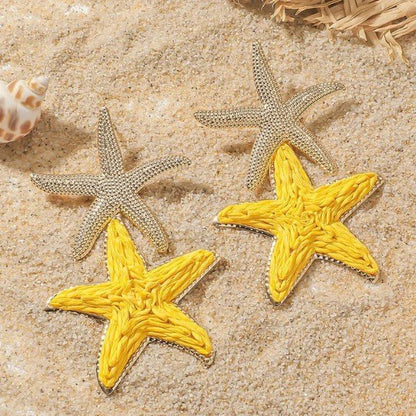 Gold Rhinestone Border Yellow Raffia Starfish Stud Earrings - Collection 9 Ltd