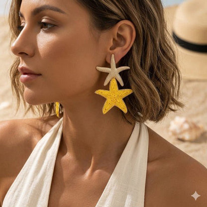 Gold Rhinestone Border Yellow Raffia Starfish Stud Earrings - Collection 9 Ltd