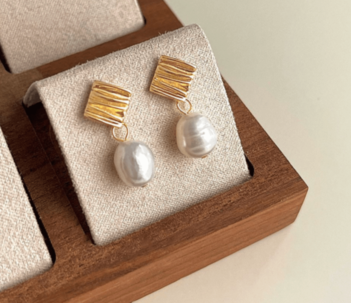 Gold Ribbed Square Freshwater Pearl Drop Earrings - - 18k Gold Plated Waterproof Jewellery - Collection 9
