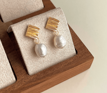 Gold Ribbed Square Freshwater Pearl Drop Earrings - - 18k Gold Plated Waterproof Jewellery - Collection 9