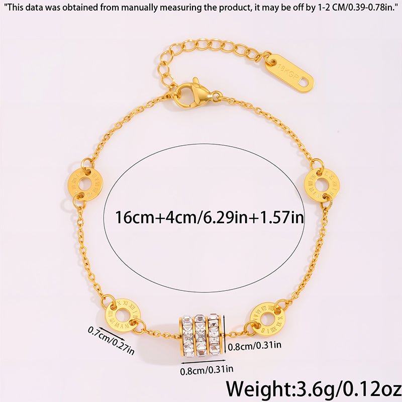 Gold Roman Numeral Disc & Crystal Zircon Barrel Bracelet - Bracelets - 18k Gold Plated Waterproof Jewellery - Collection 9