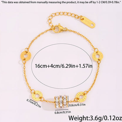Gold Roman Numeral Disc & Crystal Zircon Barrel Bracelet - Bracelets - 18k Gold Plated Waterproof Jewellery - Collection 9